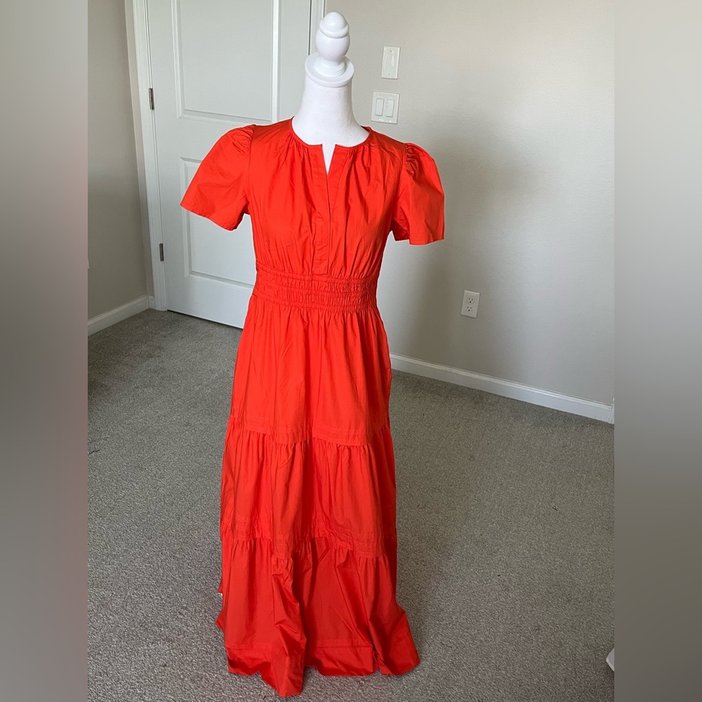 NWT Quince Vermillion Red 100% Organic Cotton Tiered Maxi Dress Size Large